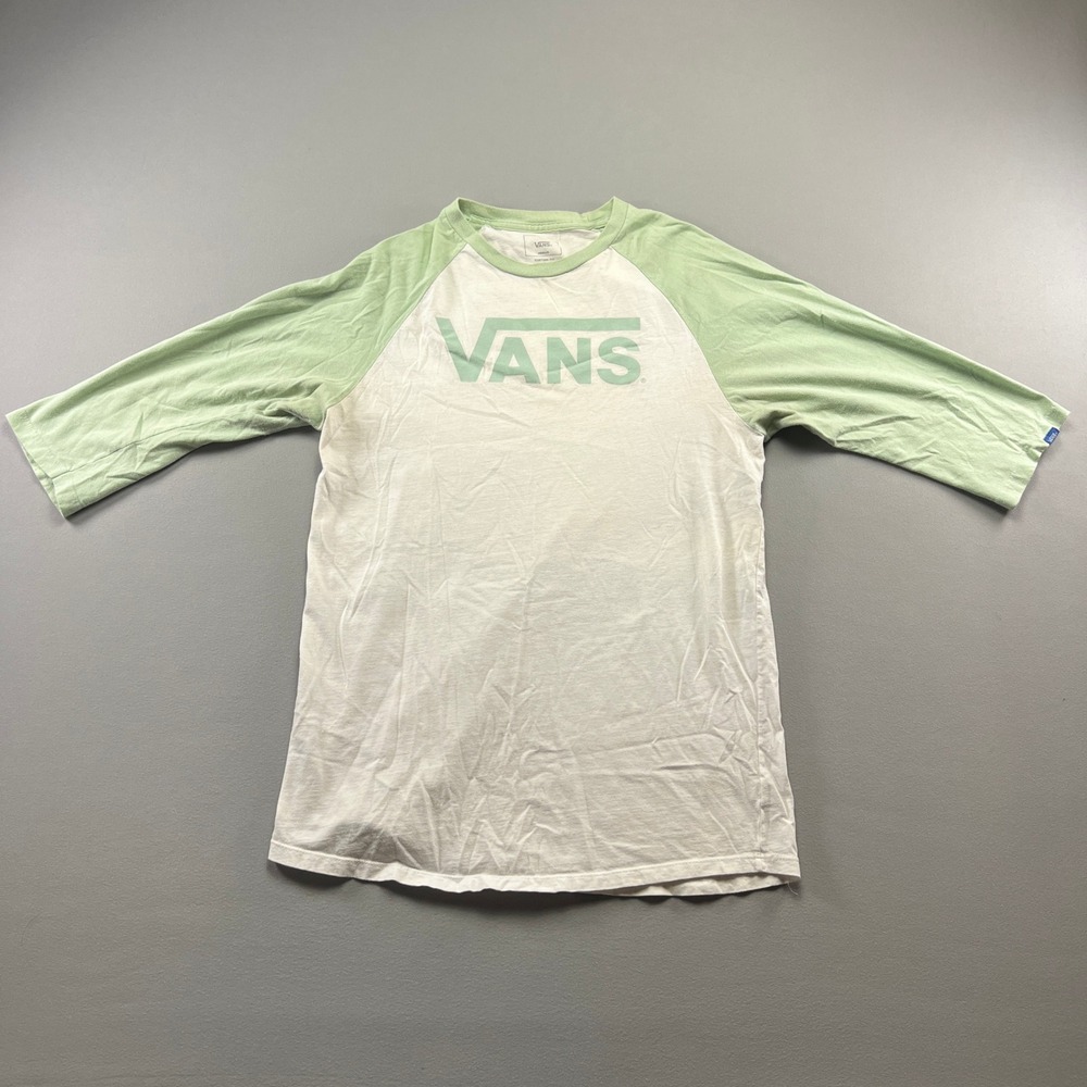 Vans T Shirt Mens Medium White Green Colorblock Custom Fit Cotton Raglan Sleeve
